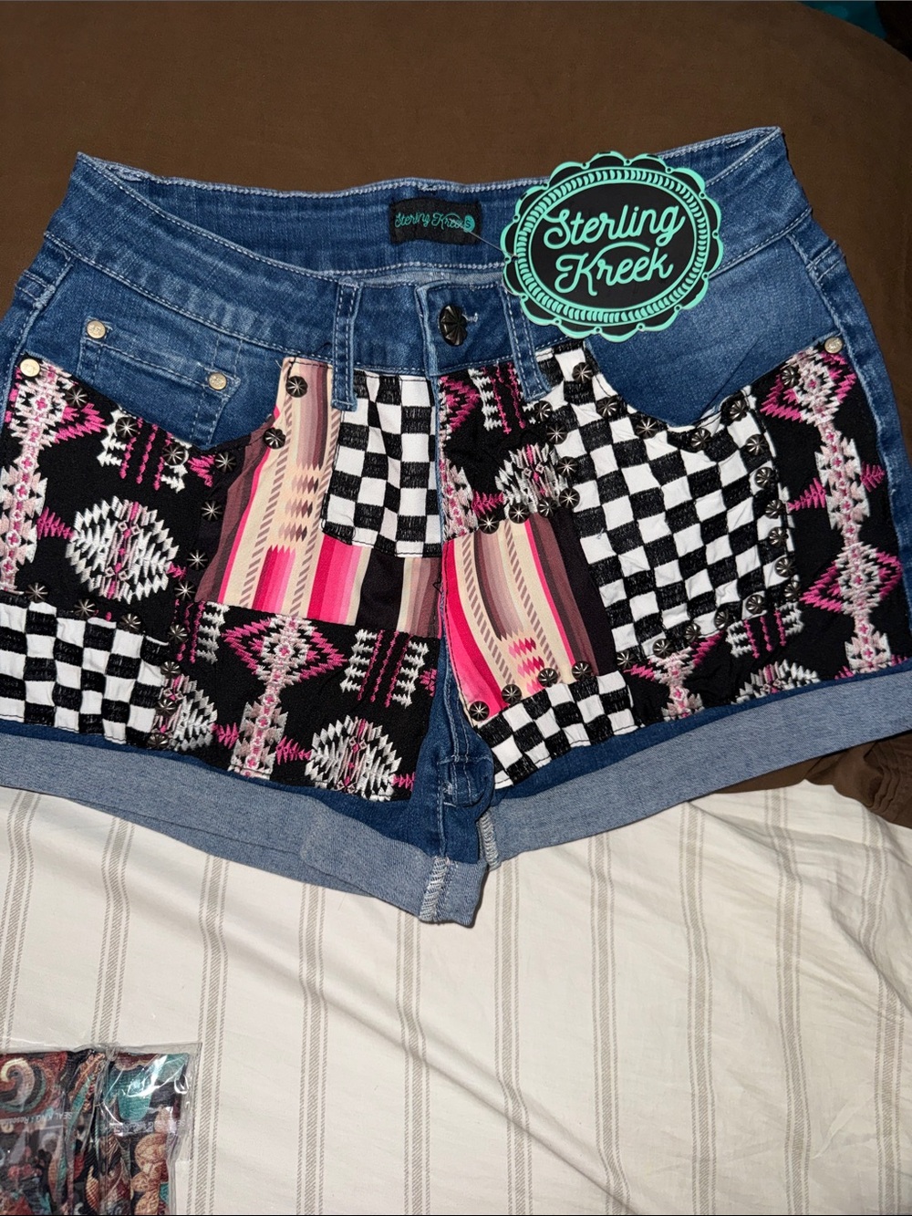 Sterling Kreek Blue Denim Jean Shorts with Pink Aztec Patchwork